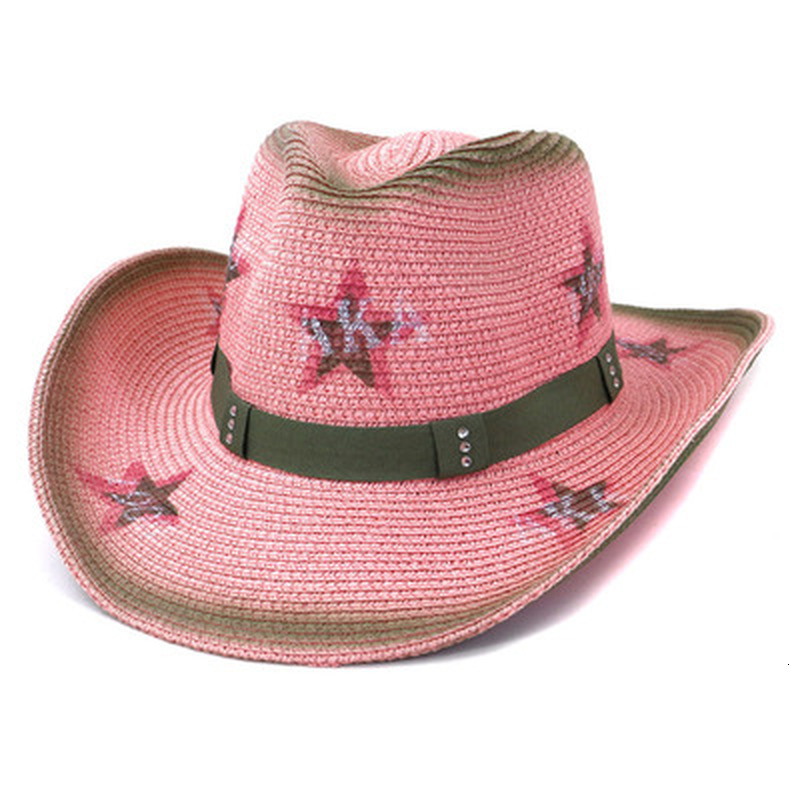 

2021 New Women Summer Spring Wide Brim Panama Gradient Color Belt Band Straw Derby Pink Star Print Hip Hop Men Sun Hats Bouz
