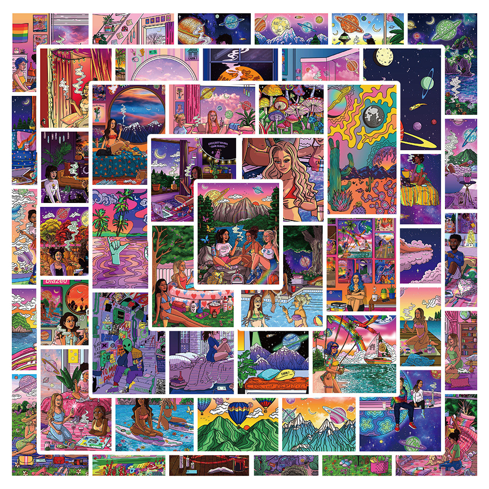 

50 PCS Mixed skateboard Stickers Aesthetic graffiti girl painting Post For Car Laptop Fridge Helmet Pad Bicycle Bike Motorcycle PS4 book Guitar Pvc Decal, Multi colors