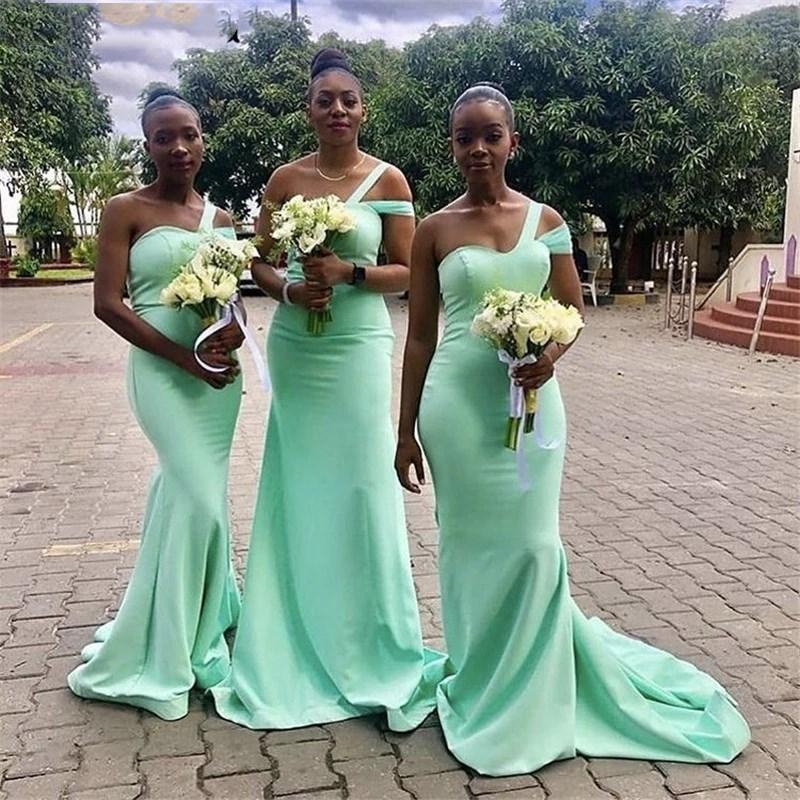 

Mint Green Mermaid Bridesmaid Dresses One Shoulder Floor Length Satin Wedding Guest Dress With Zipper Back Wedding Party Dresses Custom Made