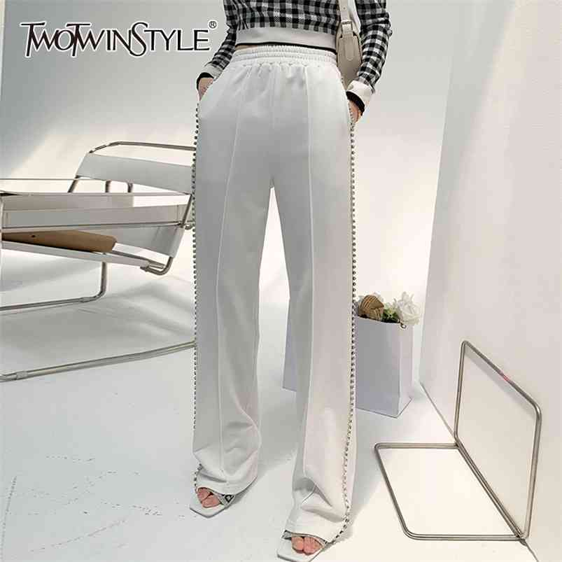 

TWOTWINSTYLE White Casual Diamonds Pant For Women High Waist Solid Elastic Minimalist Pants Females Fashion Summer Clothing 210830