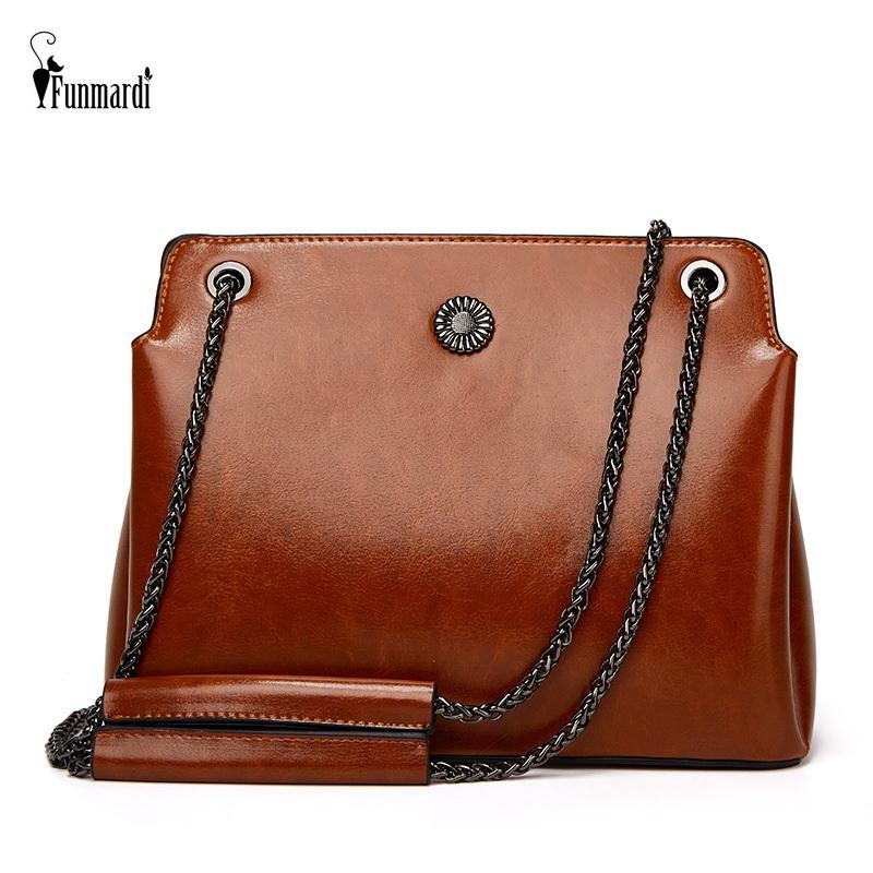 

FUNMARDI Top Grade Oil Wax Leather Crossbody Bags For Women Chain Shoulder Bag Fashion Female Handbags 3 Layers High Capacity, Black