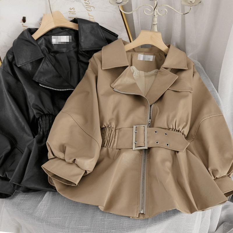 

Women's Jackets 2021 Fashion Faux Leather Pu Coat Korean Style Turndown Collar Slim Outwear Full Autumn Women Jacket With Belt, Black;brown