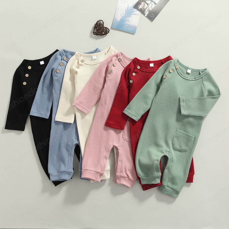

Autumn Boys Girls Clothes Waffle Cotton Newborn Rompers Solid Color Jumpsuit Long Sleeve Outfits