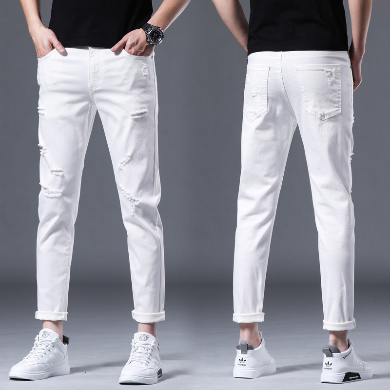 

jean fashion jeans white men's 2021 summer slim fit small feet korean casual stretch hole brand pants, Blue