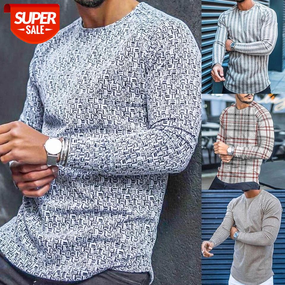 

T-shirt Long Sleeve Slim Top Cotton Blend Men Stripe Plaid Print Pullover for Autumn Men clothing #uF3n, White;black