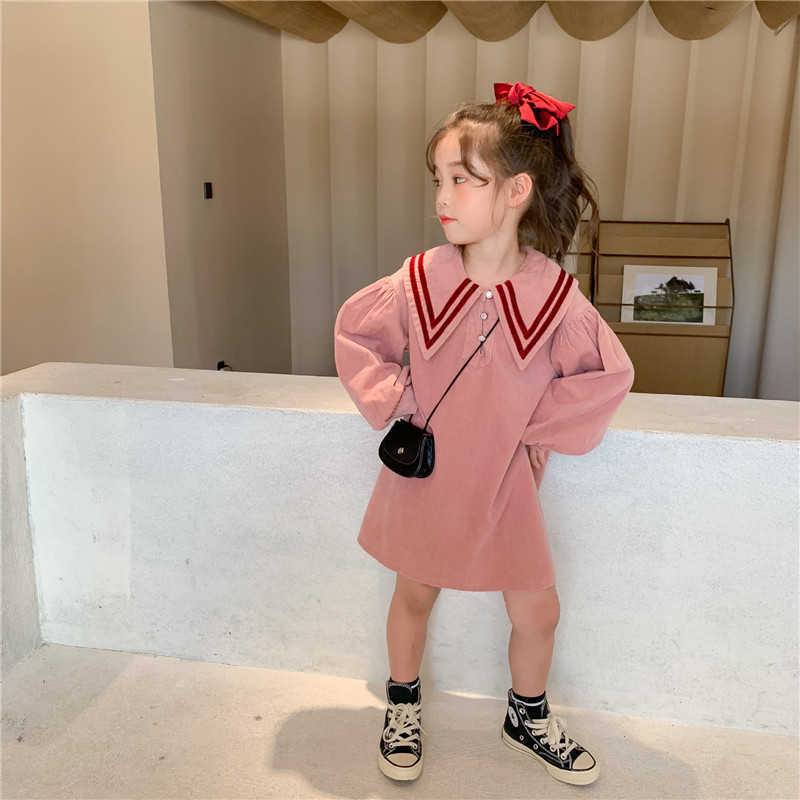 

Preppy Style Girls Fashion Solid Color Corduroy Dresses Kids Lapel Collar Clothes Children Long Sleeve Casual Dress 210615, Pink