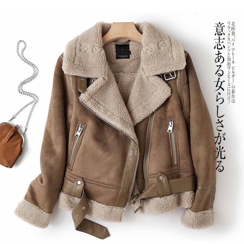 

Women's Jackets Women Vintage Suede Fur Motorcycle Belt Zippers Faux Sheepskin Jacket 2021 Autumn Winter Female Casual Loose Warm Coats, Black