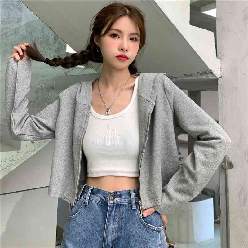 

2021 autumn solid color high waist short zipper Hoodie women's loose sports casual cardigan thin coat women, Black