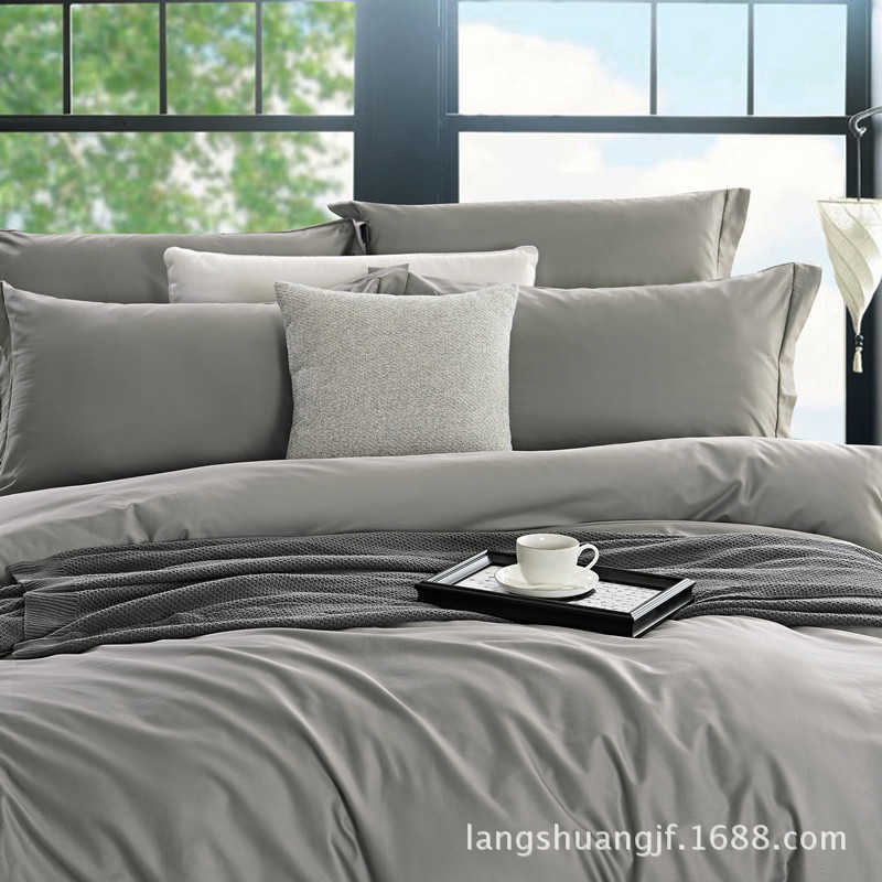 

100 thread count Satin solid long staple cotton four piece set horse cotton high-grade modern bedding simple style