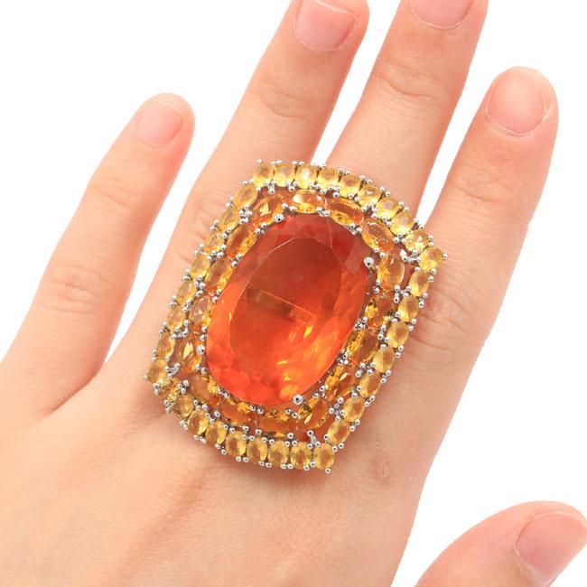 

Cluster Rings 9.0# Long Big Heavy Golden Citrine Woman's Wedding Silver Ring 46x35mm, Golden;silver