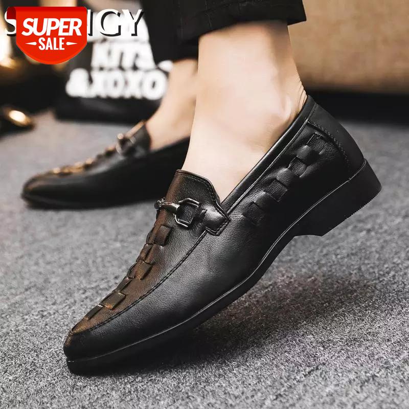 

Autumn New Men Dress Shoes Slip-On Grid Metal Wedding Party Men's Shoes Solid Color Mature Pointed Toe Loafers for Male #O78J