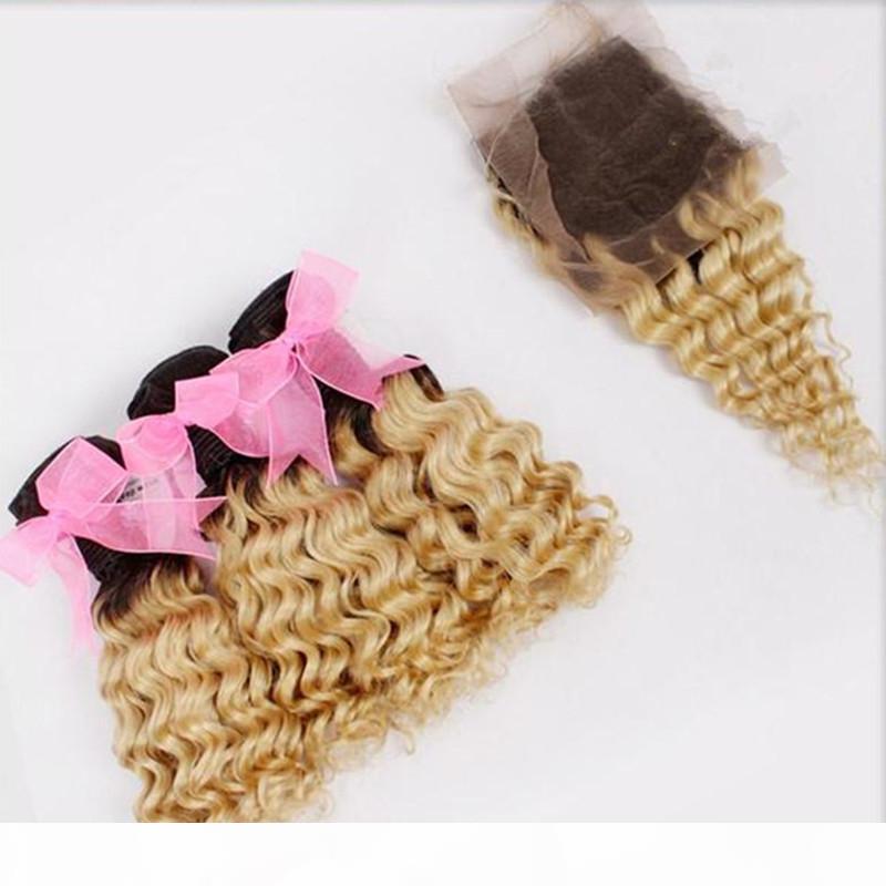 

T1B 613 Ombre Human Hair 3 Bundles with Closure Malaysian Deep Wave Curly Blonde Ombre Weaves Virgin Hair Extensions with Lace Closure 4x4&q, Black