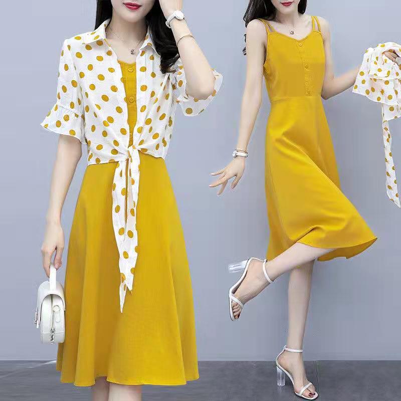 

Fashion Print Tops+Solid Color Yellow Dress 2 Piece Set Women 2021 New Summer Dress Mid-Calf Length Dresses Strap Vestido Female, Black;gray