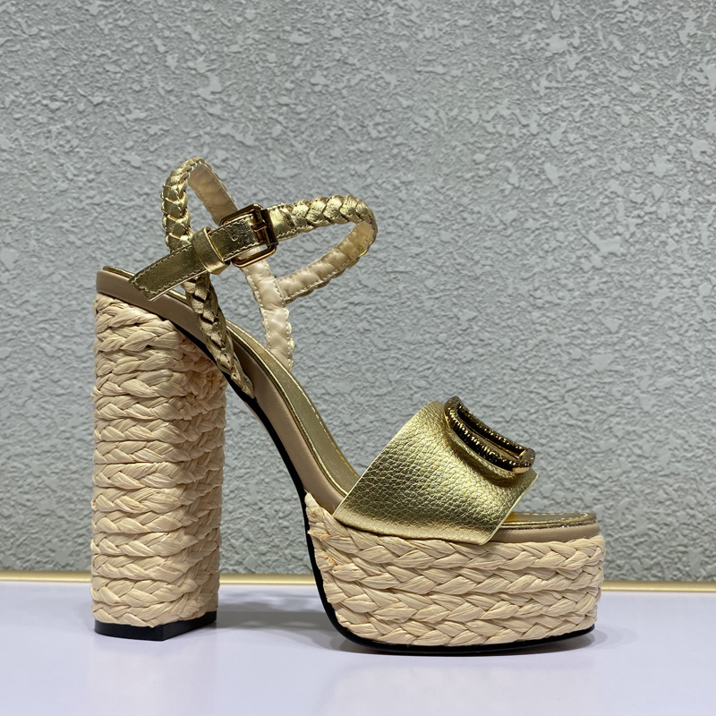 

Summer Designer Sandals Genuine Leather high heeled 13cm Heel Ankle pack shoes rubber solid non slip platform daily outdoor lawn large women, Apricot