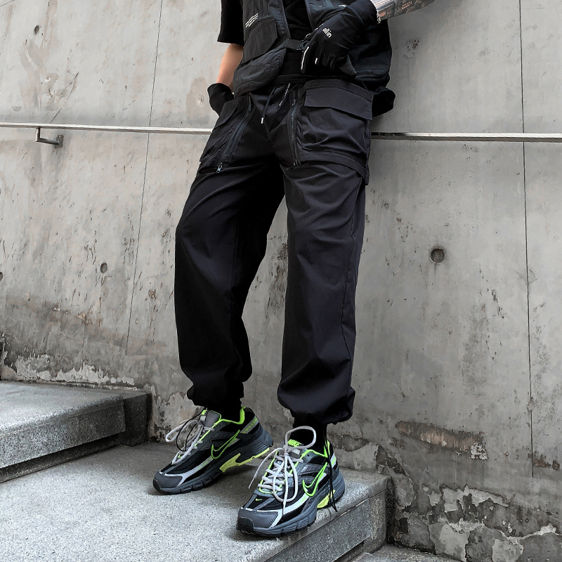 

New Hip Hop Jogging Men's Multi-pocket Elastic Waistband Harem Male Streetwear 2021 Tactical High-quality Pants Jeir, Black