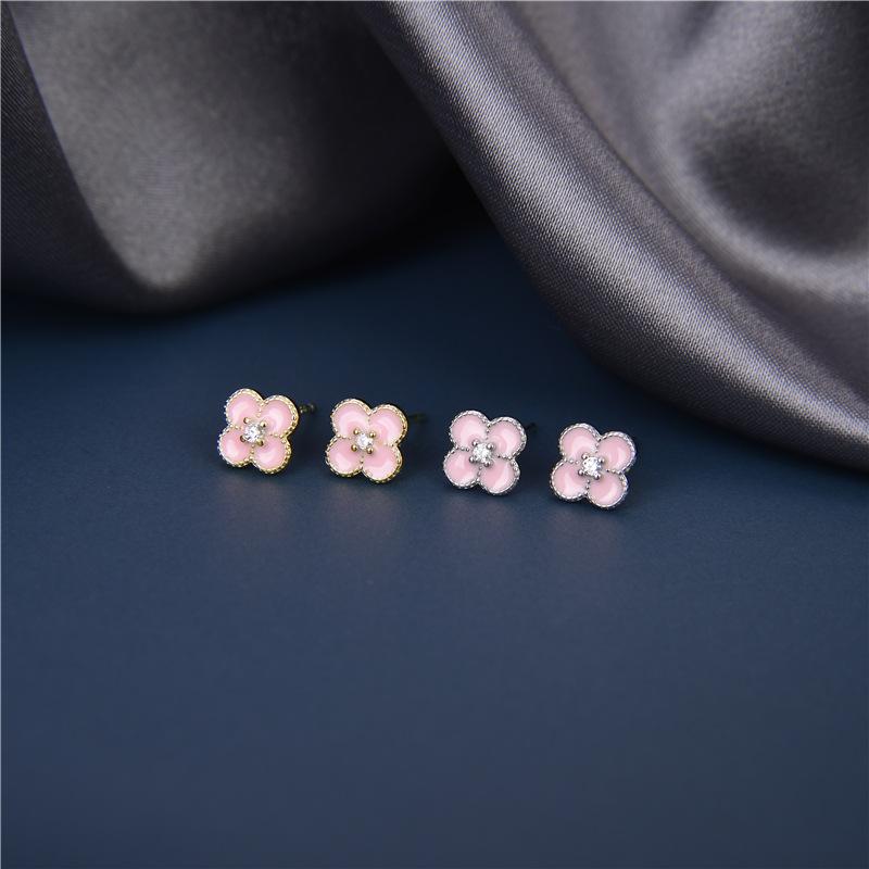 

Stud S925 Sterling Silver Earrings Four-leaf Clover For Women Pink Resin Decal Ear Jewelry, Golden;silver