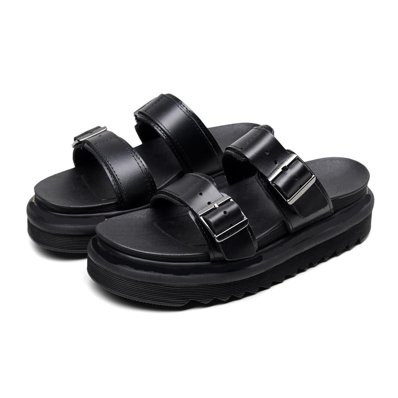 

New real leather summer designer shoes open toe fashion double buckle platform casual slippers black wedge martin sandals size 35-40