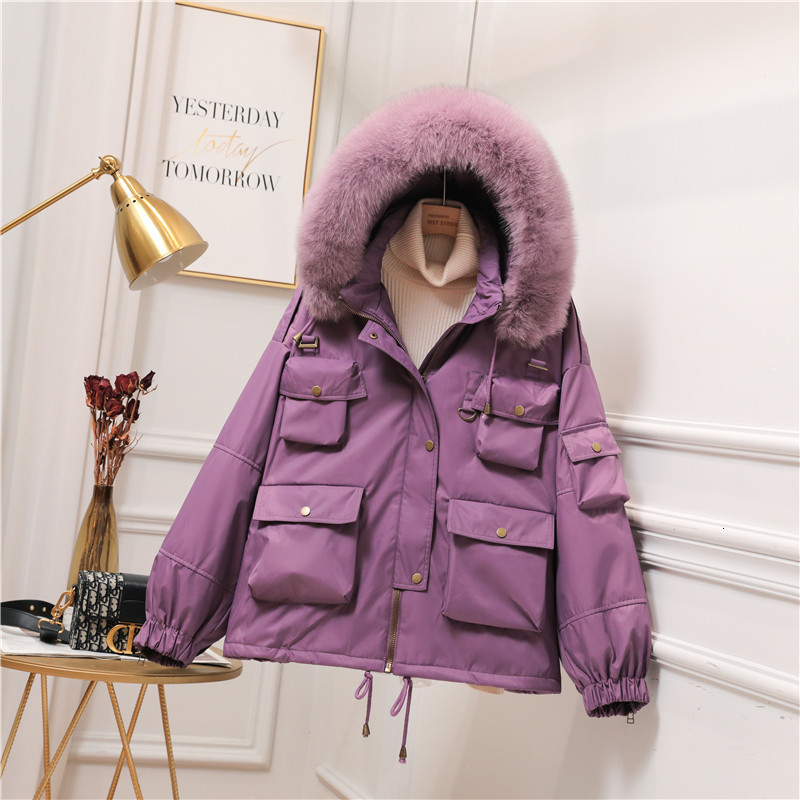 

2021 New Winter Women Big Natural Fur Collar 90% White Duck Down Coat Safari Style Loose Purple Thick Warm Snow Parka Outwear 67nb, Black