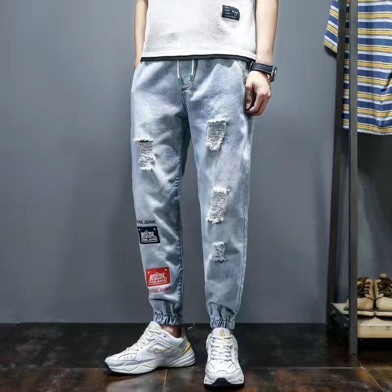 

Men' Jeans Denim Patchwork Loose Harem Pants Ankle Banded Hip Clothes Cargo Men Letter Printed Ripped, Color 4