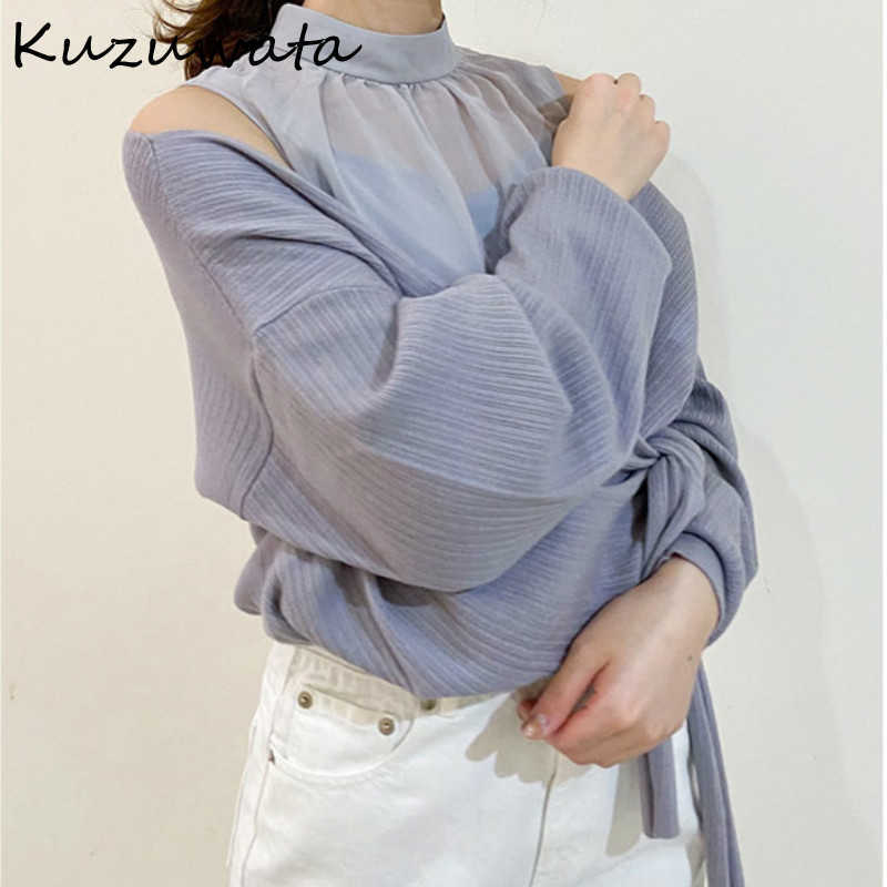 

Kuzuwata Chic Mesh Knit Patchwork Fake Two Piece Shirts Sexy Hollow Out Cross Lace Up Women Blouse Spring Chiffon Femme Blusas 210721, Pink
