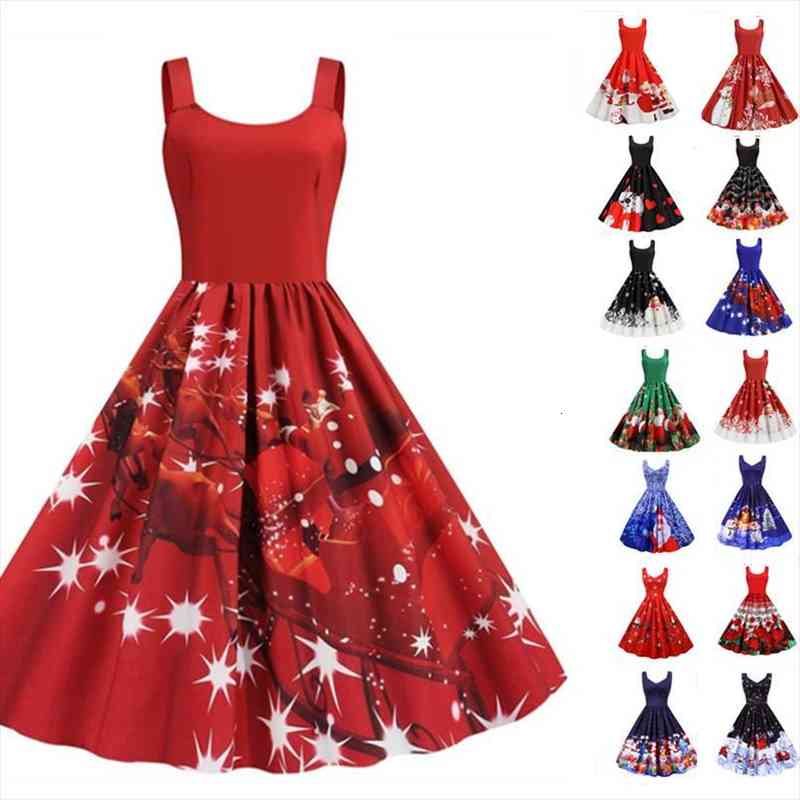 

Winter Christmas Sexy Spaghetti Strap Womens Dress Vintage Midi Party Vestidos Robe Femme Santa Snowflake Print Xmas Clothes, Black;gray