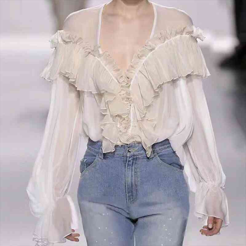 

Sexy Deep V-neck Ruffled Chiffon Shirts Retro Lantern Sleeve Pleated Blouses Splice Flounce Thin Transparent Tops, White