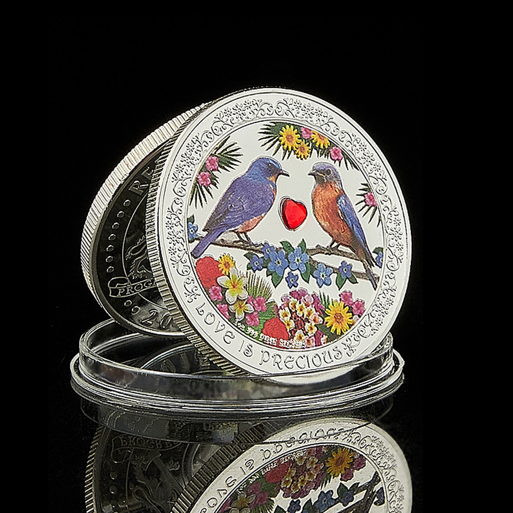 Souvenir Craft Forever Love Happiness Love Is Precious Bird Painted Acrylic Diamond Silver Plated Commemorative Coin-image-720213276