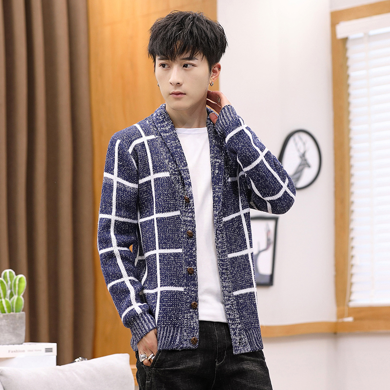 

2021 Autumn New Casual Cardigan Fashion Them Hombres Korean Shelters Fine Fit Single Male Plaid Nightgown Breasted 3xl-m Jvt5, Black