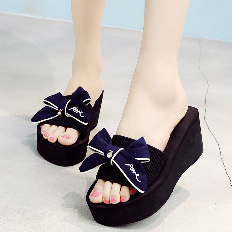 

luxury slippers comfortable slipper's summer thick sol fashion bows one line drag cool slope heel wear beach sho, Black