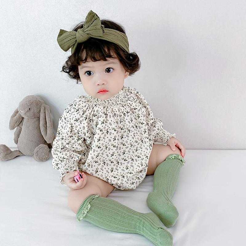 

Baby Girls Smocked Romper born Korean Clothes Infant Floral Rompers Toddler Jumpsuit +Hat Girl 1st Birthday 210615, Green