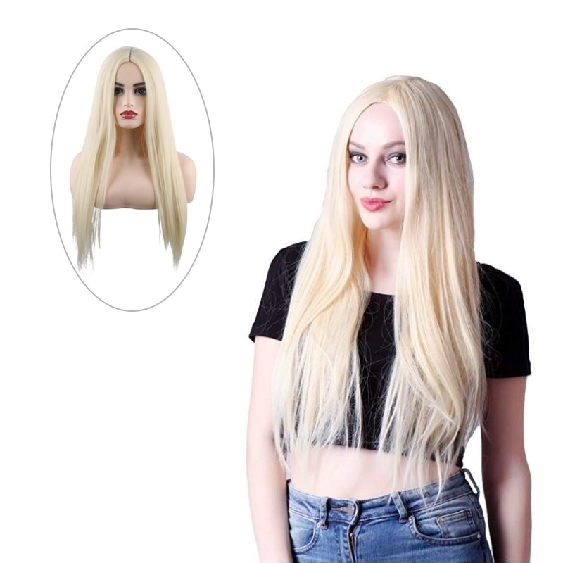 

women's New light gold wig split matte high temperature Silk Long Straight Wig head cover, Black