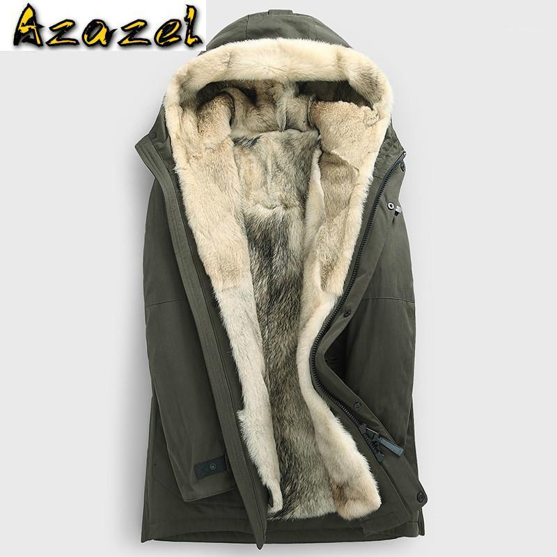 

Men's Leather & Faux Azazel Winter Parka Real Fur Coat Men Long Jacket Hooded Natural Wolf Liner Mens Jackets And Coats Parkas KJ34431, Army green