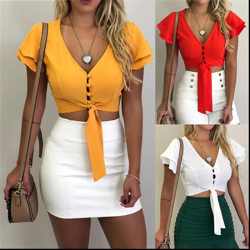

sexy Women Casual Loose Bell short Sleeve Blouses female Summer V neck short Tops ladies New fashion solid shirts, White