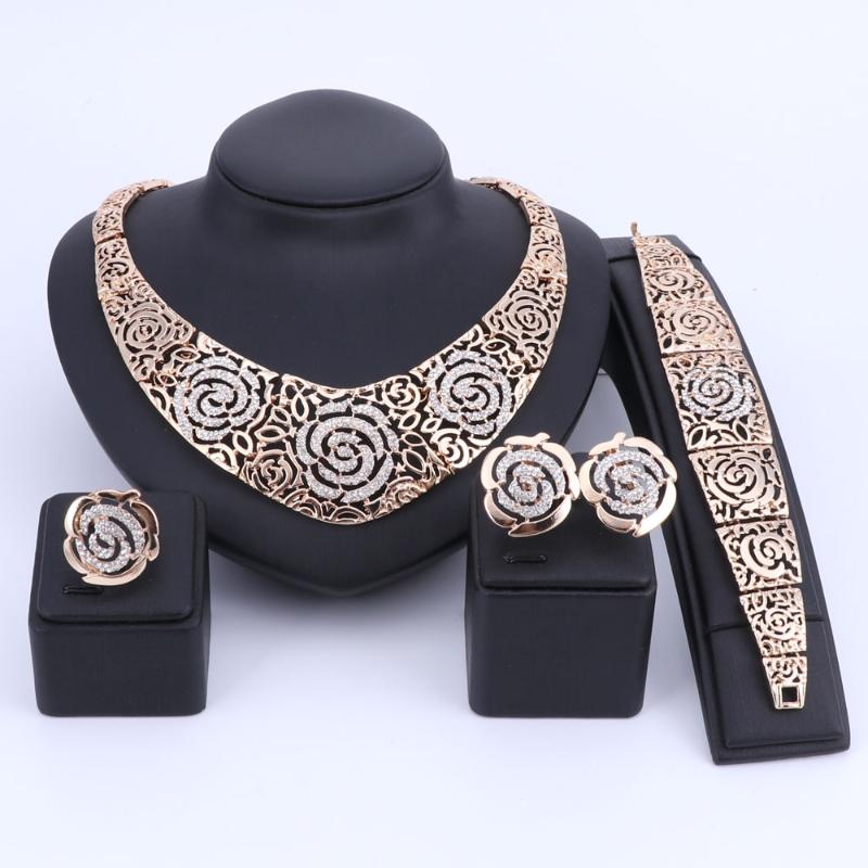 

Earrings & Necklace Rose Designed Bridal Jewelry Sets For Women Wedding Party Charm Statement Bracelet Ring Set 2 Color, As pic