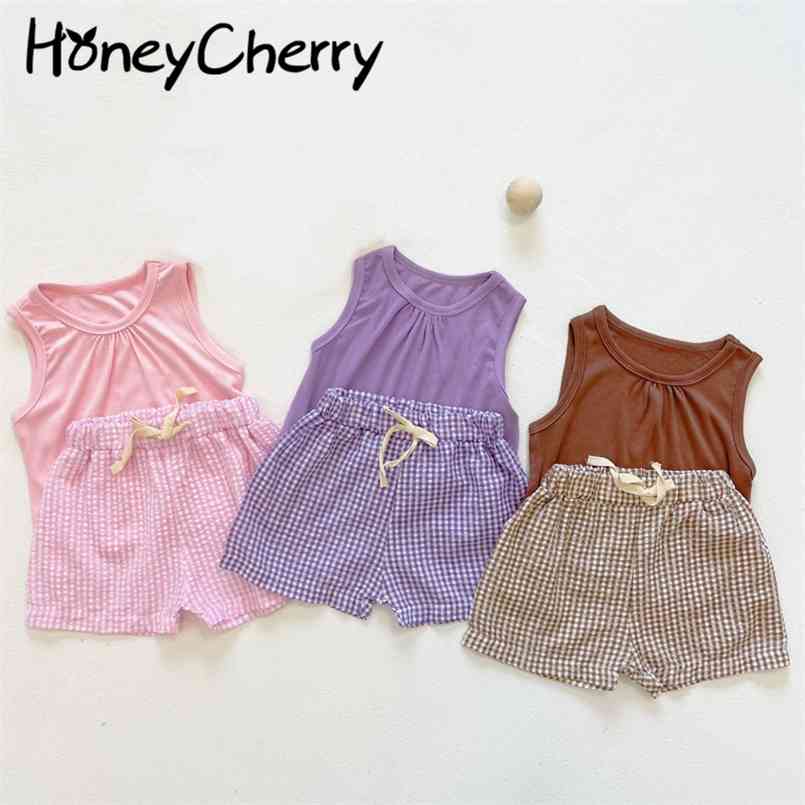 

Summer baby sleeveless vest shorts two-piece thin plaid pants suit girl outfit 210702, Lavender