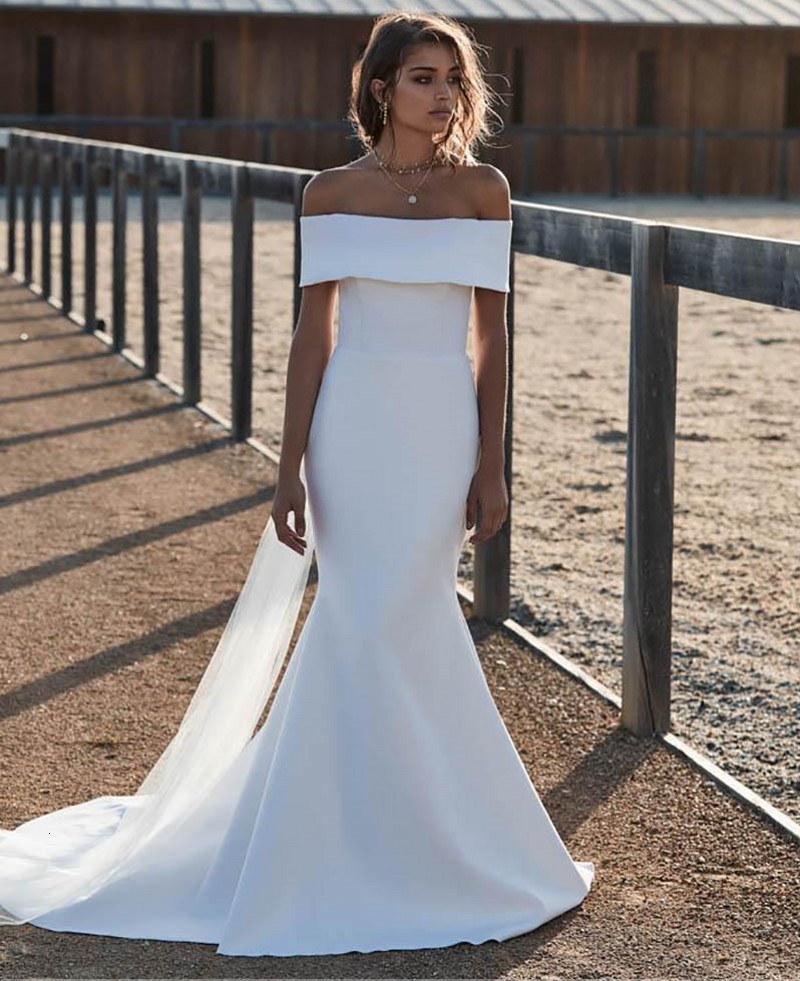 

New Simple Mermaid Wedding 2021 Satin Off the Shoulder Bridal Gowns Sexy Backless Vestidos De Mariee 1f22, Champagne