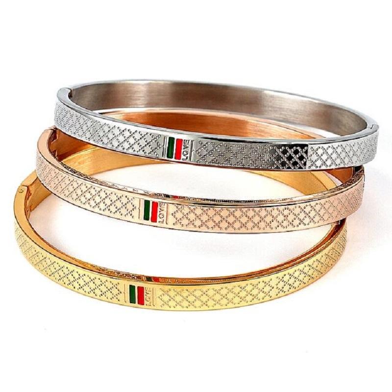 

Bangle Fashion Green Red Cuff Bracelets Couple Love Bangles Stainless Steel Rose Gold Jewelry Gift For Women Men