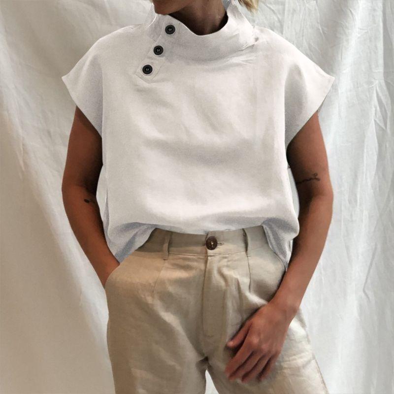 

Women's Blouses & Shirts Women Solid Stand Neck Button Cotton Shirt Summer Short Sleeve Blouse Casual Tops Female Tunic Oversized, White