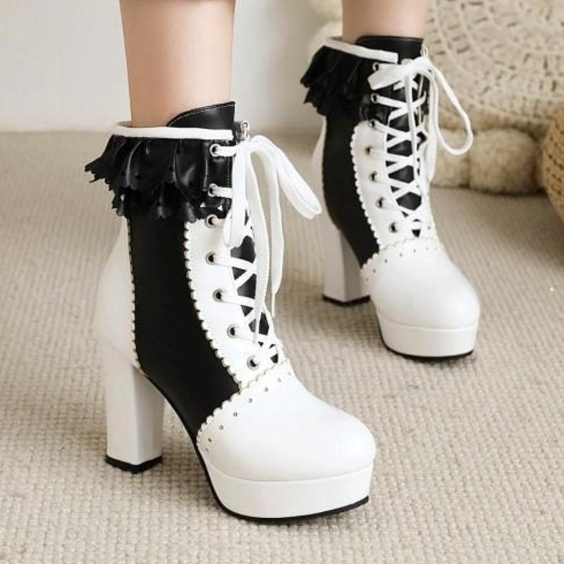 

Boots 2021 Women's Bow Tie Color Matching Super High Heel Bandage Thick Short Fashion Large, Black