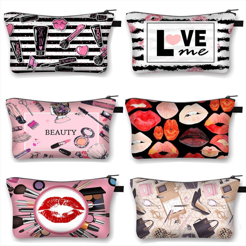 

red lips print cosmetic women bag fashion makeup rolling blunt ladies case organizers lipstick holder beauty bags