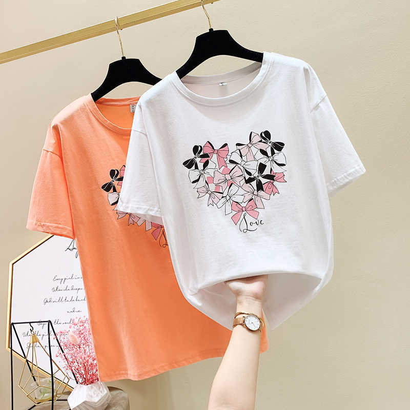 

plus size Shirt Femme Womens Tops White T Shirt Women Summer Short Sleeve Woman Clothes Casual Bow print Tshirt 210604, Orange