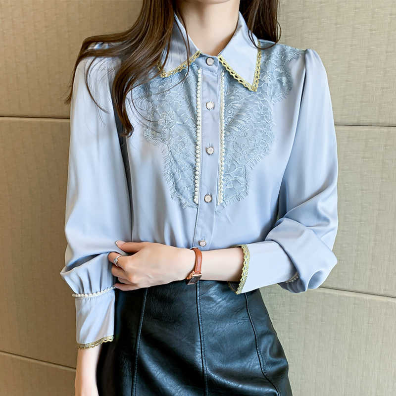 

Korean Silk Women Shirts Satin Blouses Long Sleeve Woman Embroidery Lace Blouse Peter Pan Floral 210604, Light blue