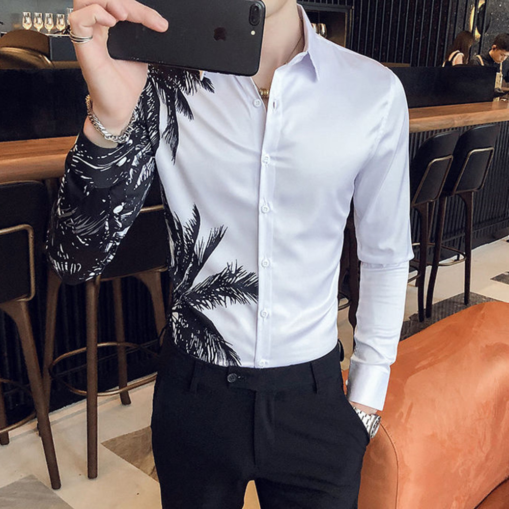 

2021 New Black White British Style Luxury Long Sleeve Casual Slim Fit Shirt Men Business Tops Club Party Clothes Camisa Jm76