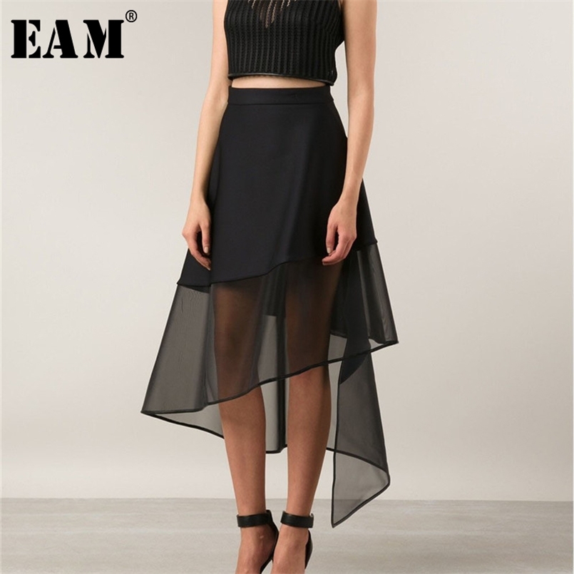 

[EAM] Spring Summer Woman Temperament Stylish Black High Waist Spliced Mesh Irregular Perspective Half Body Skirt LE460 210708