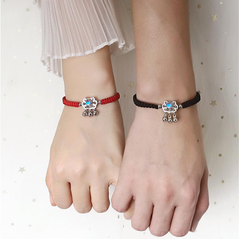 

Charm Bracelets Red Black Braided Rope Safety Lock Pendant Lucky Moonstone Bell Woven Adjustable Bracelet For Women And Men Couple