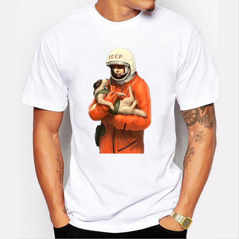 

50110# Soviet cosmonaut Yuri Gagarin holding Laika the space dog men's tshirt top tee summer O neck short sleeve shirt, White;black