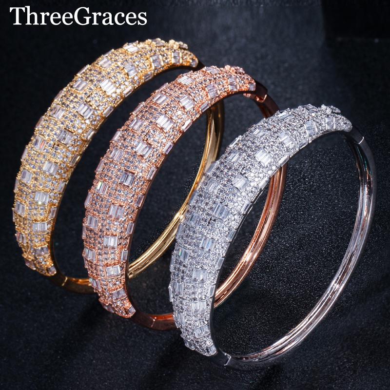 

Bangle Threegraces Dubai Gold Irregular Cubic Zirconia Paved Geometric Luxury Cuff Bangles For Bridal Wedding Jewelry BA009, Black