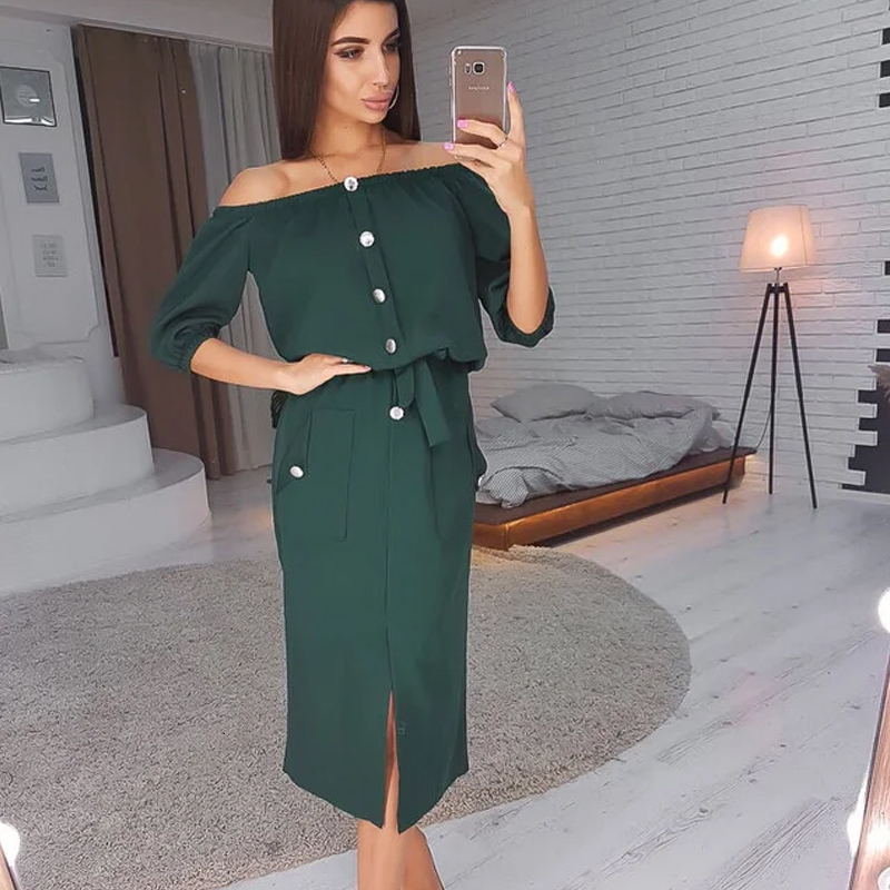 

2021 New Women Sexy Slash Neck Sashes Midi Off Shoulder Solid Color Half Sleeve Front Bottons Pokets Elegant Summer Sun C3x2, Black