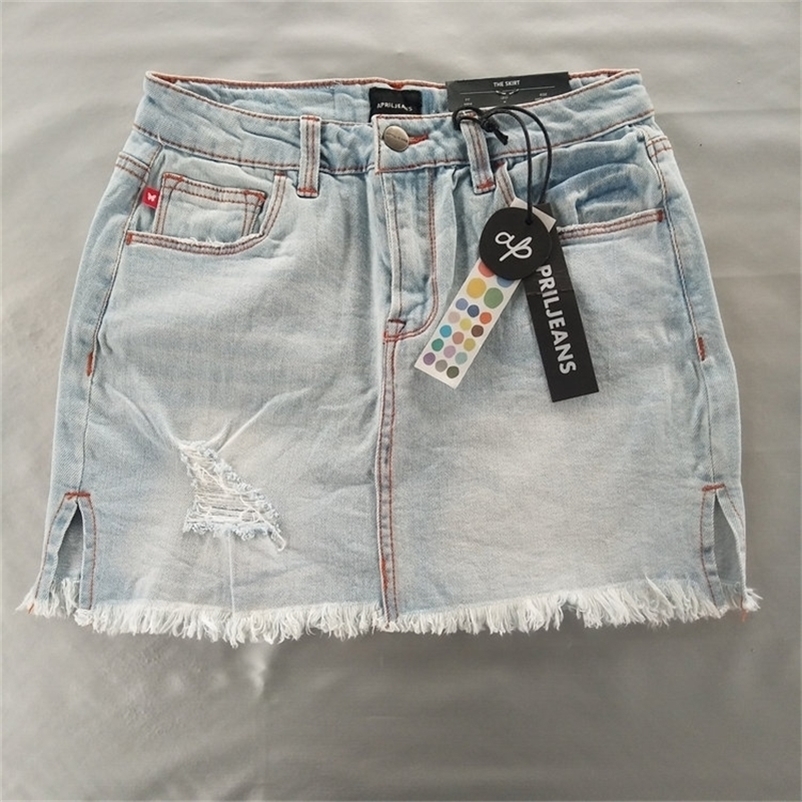 

Summer women fashion A-line water wash ripped denim mini skirt female trendy color vintage casual jean cotton bottom 210310, Light blue