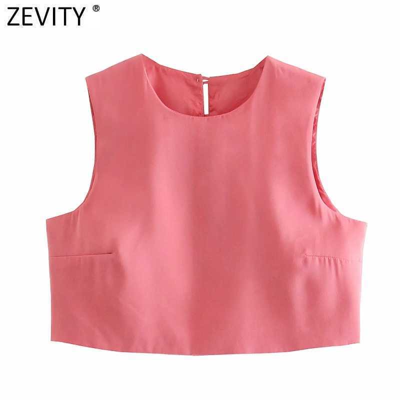 

ZEVITY Women Fashion Back Single Breasted Decoration Short Smock Blouse Lady O Neck Sleeveless Vest Shirt Chic Crop Tops LS9309 210603, Cd ls9309